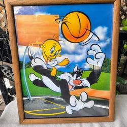 21x17 Vintage 97' Looney Tunes Warner Bros Tweety Bird Basketball Picture Framed