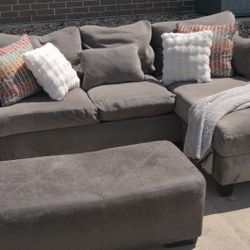 Gray Velvet Sectional Couch with Ottoman- Delivery Available 