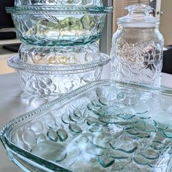 Vintage Set Of 6 LIBBEY Orchard Fruit Glassware, Baking Dishes, Serving Dishes, Pie Lids And Canister Jar 