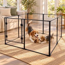 Acrylic Dog Playpen, Indoor Puppy Pen, Clear, 48 x 48 x 24 in Transparent 3 mm Acrylic Panels with Aluminum Alloy Frame, Outward-Opening Door for Indo
