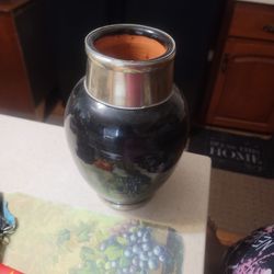 Exquisite Terracotta Vase. Black Satan Paint And Brass Trim Perfect Mother's Day Gift 