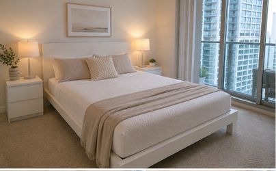 Queen Platform Bed Frame + Like-New Firm Mattress — Slept on Only 4 Times