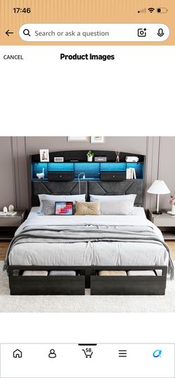 Full Size Black Bed Frame with 4 Storage, Upholstered Velvet Platform Bed Frames with Button Tufted Headboard Led Lights, Wooden Slats Support, No Box