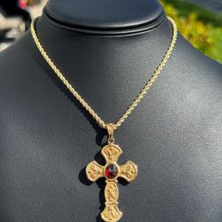 Jewelry 14k Hollow Yellow Gold Colored Red Ruby 2.00CT Cross Religious Pendant charm