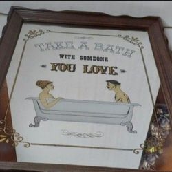RARE!! 1970S HOYNE "TAKE A BATH WITH SOMEONE YOU LOVE " GLASS WALL MIRROR 