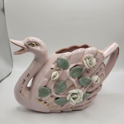 Vintage Pink Swan With Sculpted Flowers & Gold Gilt Ceramic Pitcher 7" Long