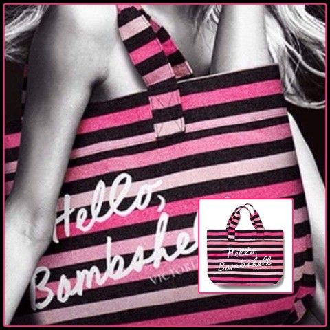 NEW VICTORIA'S SECRET PINK BLACK HELLO BOMBSHELL GLITTER BLING STRIPED TOTE DUFFLE BAG PURSE SATCHEL