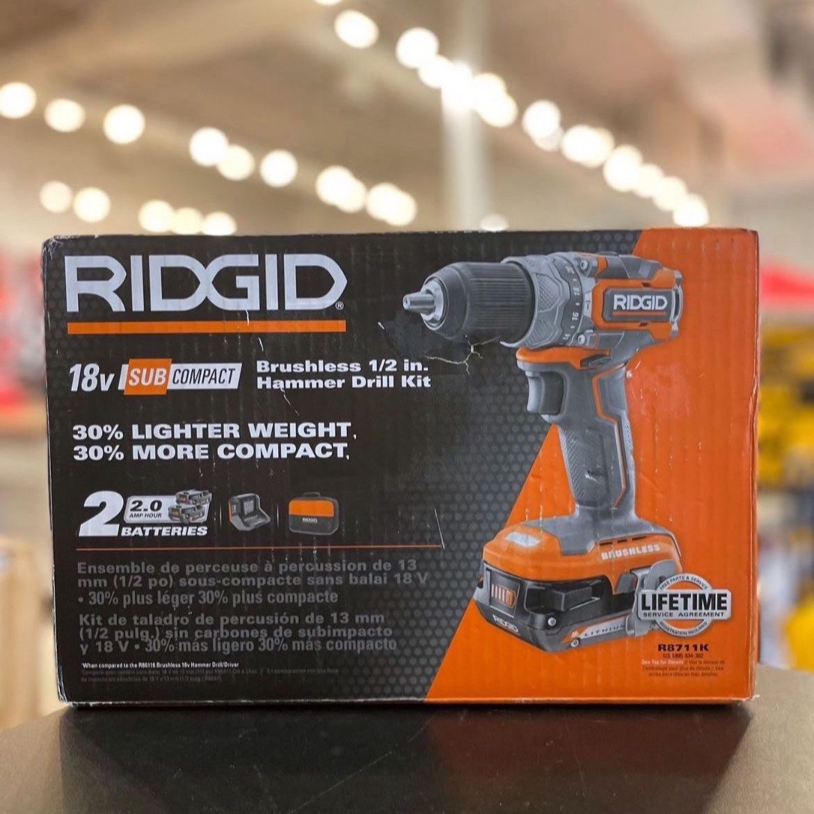 RIDGID 18V SUBCOMPACT BRUSHLESS 1/2” HAMMER DRILL KIT WITH 2 BATTERIES & CHARGER R8711K 