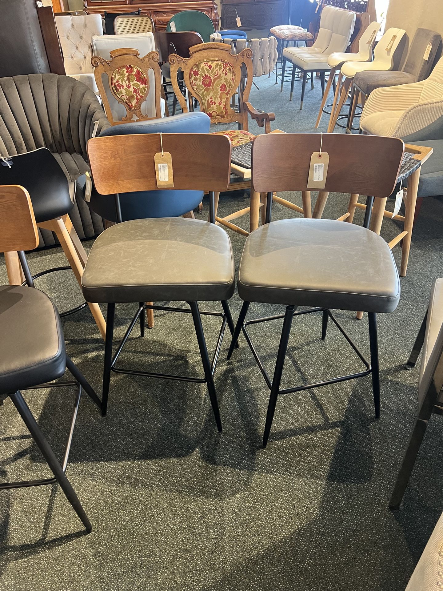 Counter Stool: Wooden Back Rest W/ Charcoal Faux Leather & Black Metal Legs Swivel Counter Stool SKU KWA73K