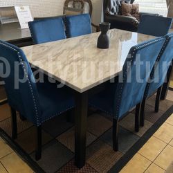 7pc Dining Set Faux Marble Top – Blue or Black Chairs – $699