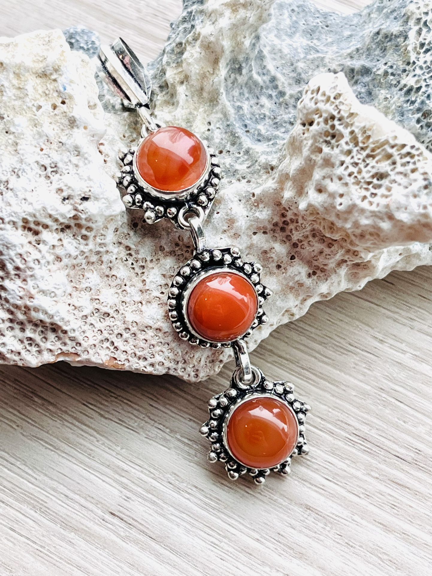 Triple Natural Carnelian Gemstone Sterling Silver 2.5” Pendant