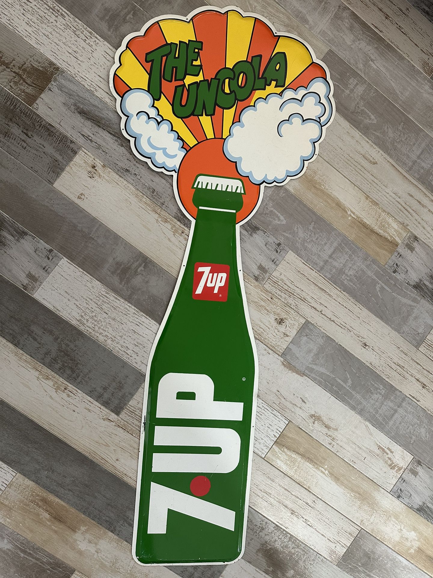 Vintage Metal Sign - 7UP THE UNCOLA BOTTLE DOUBLE SIDED TIN DIECUT VERTICAL METAL SIGN