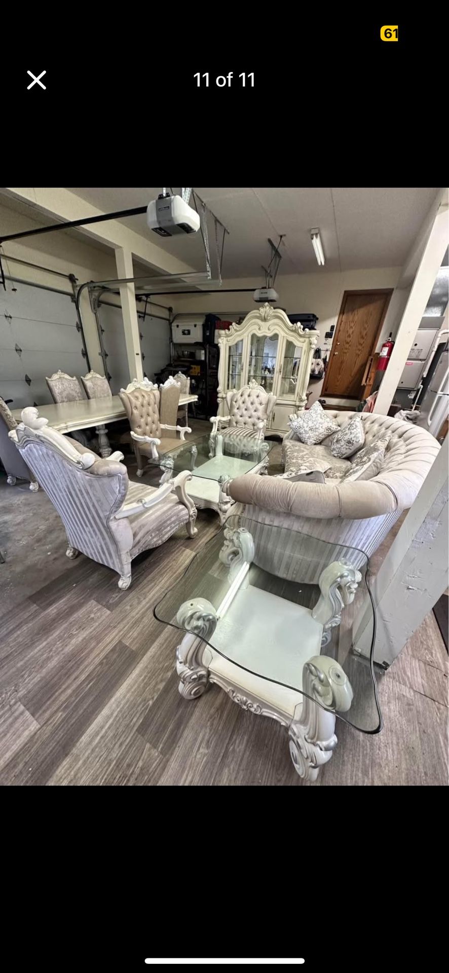 Acme Furniture Versailles Buffet & Hutch, sofa set, chairs, coffee table, side table.
