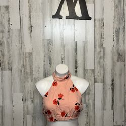 ZARA Floral Linen Blend Backless Halter Crop Top Size Medium