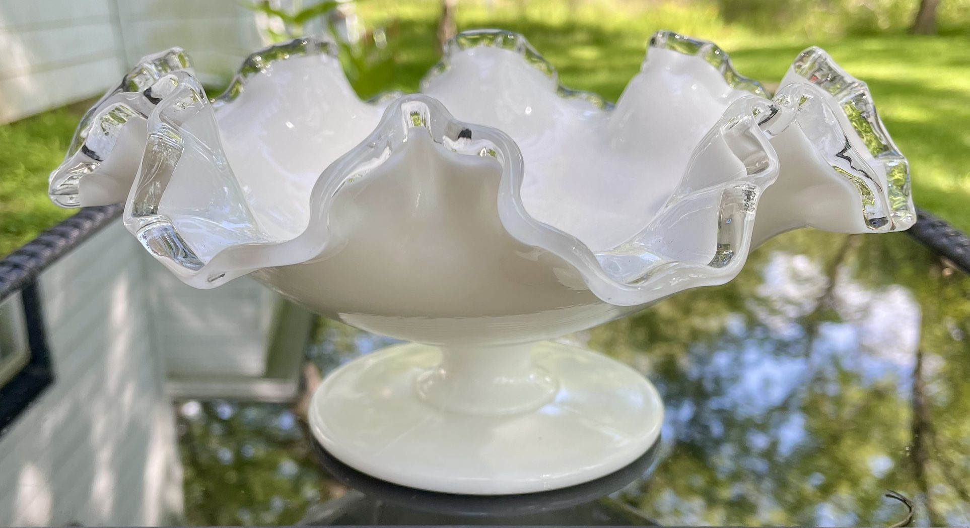 Stunning! 1970S Fenton Milk Glass Compote With Ruffled Silver Rim