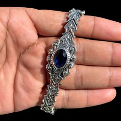 925 Sterling Silver Bracelet with Blue Zirconia Stone, Gothic Design, 9 Inch 