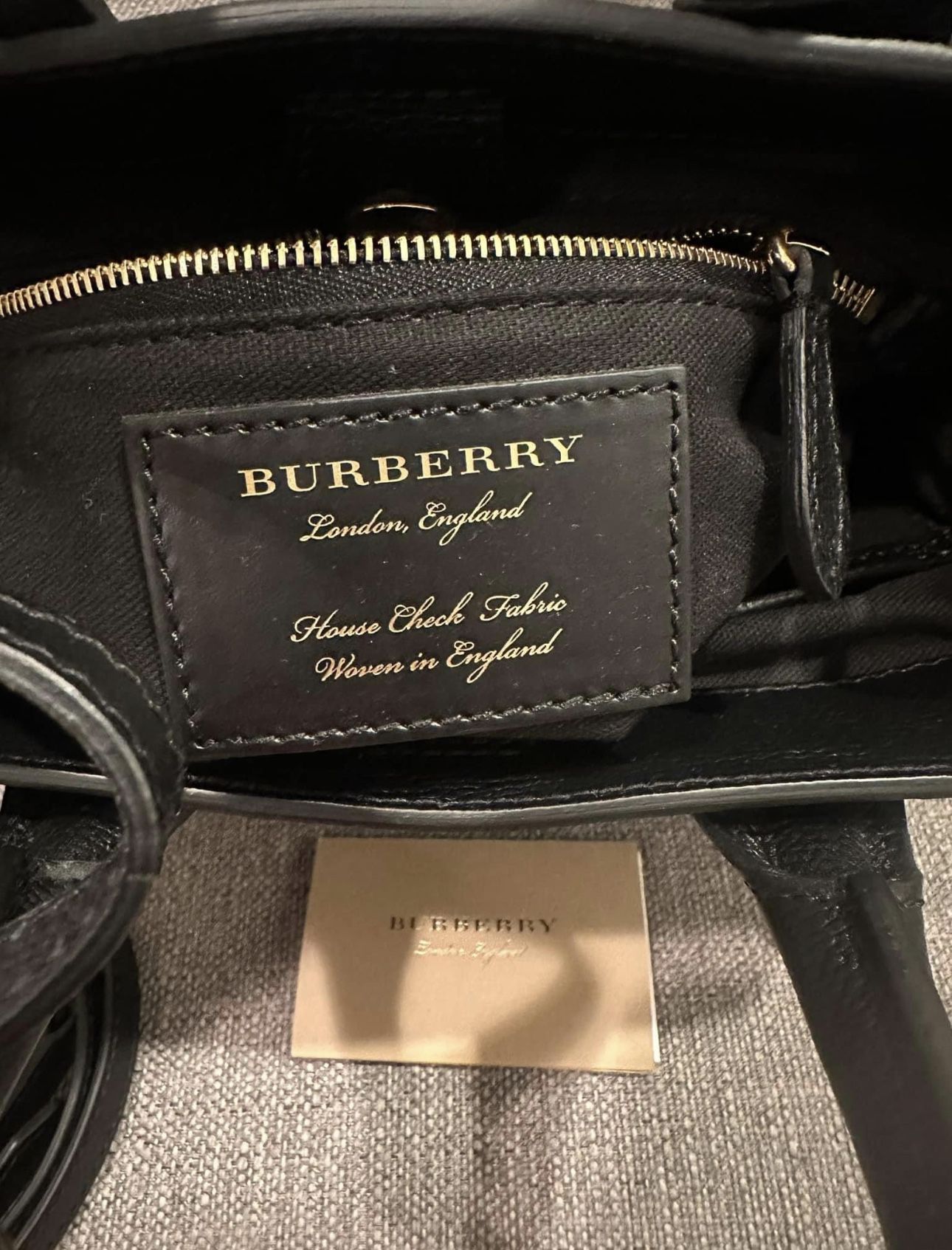 Burberry Black Leather and House Check Fabric Small Banner Tote