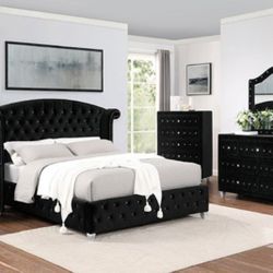 Brand New Glam Black Velvet Queen Size Bed Frame 