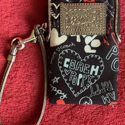 COACH POPPY BLACK HEART CANVAS SILVER LEATHER CREDIT CARD POUCH WRISTLET PURSE 