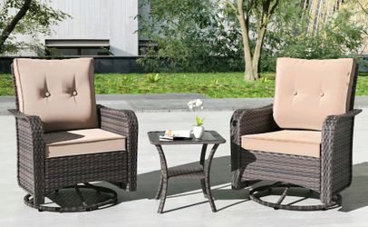 3-Piece Patio Sofa Set. Outdoor Furniture with 4-in Thick Cushions, 360-Degree Swivel Rocking Chairs and Rattan Side Table