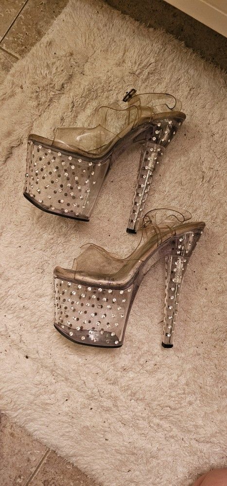 Pleaser Radiant 8 Inch Rhinestone Clear Heels Size 7
