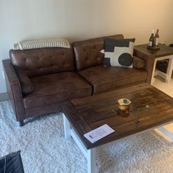 Mid Century Faux Leather Sofa Couch, Saddle brown