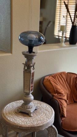 Mirrored Pedestal Table Lamp with Blue Seeded Glass Shade