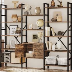 70 x70" Triple 5 Tier Book Shelf, Industrial Large Bookcase with Storage Cabinet, Tall Bookshelf with 14 Open Display Shelves Metal Frame Furniture ,R
