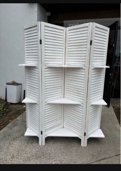 New 4 wooden white Panel Room Divider Screen Foldable W/3 Utility Shelves 5.6' Tall White