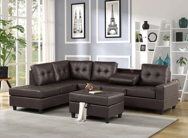 Heights Espresso Faux Leather Reversible Sectional with Storage Ottoman  ( sectional couch sofa loveseat options