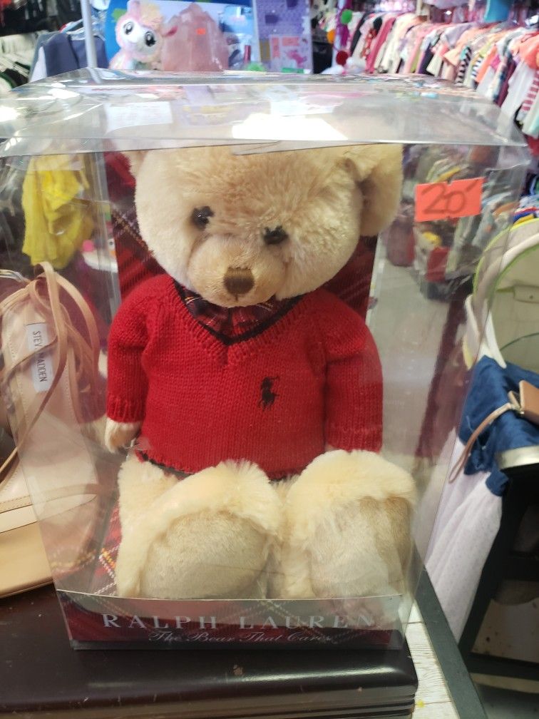 RALPH LAUREN TEDDY BEAR WEARING RED POLO SWEATER, WHITE SHIRT & PLAID BOWTIE