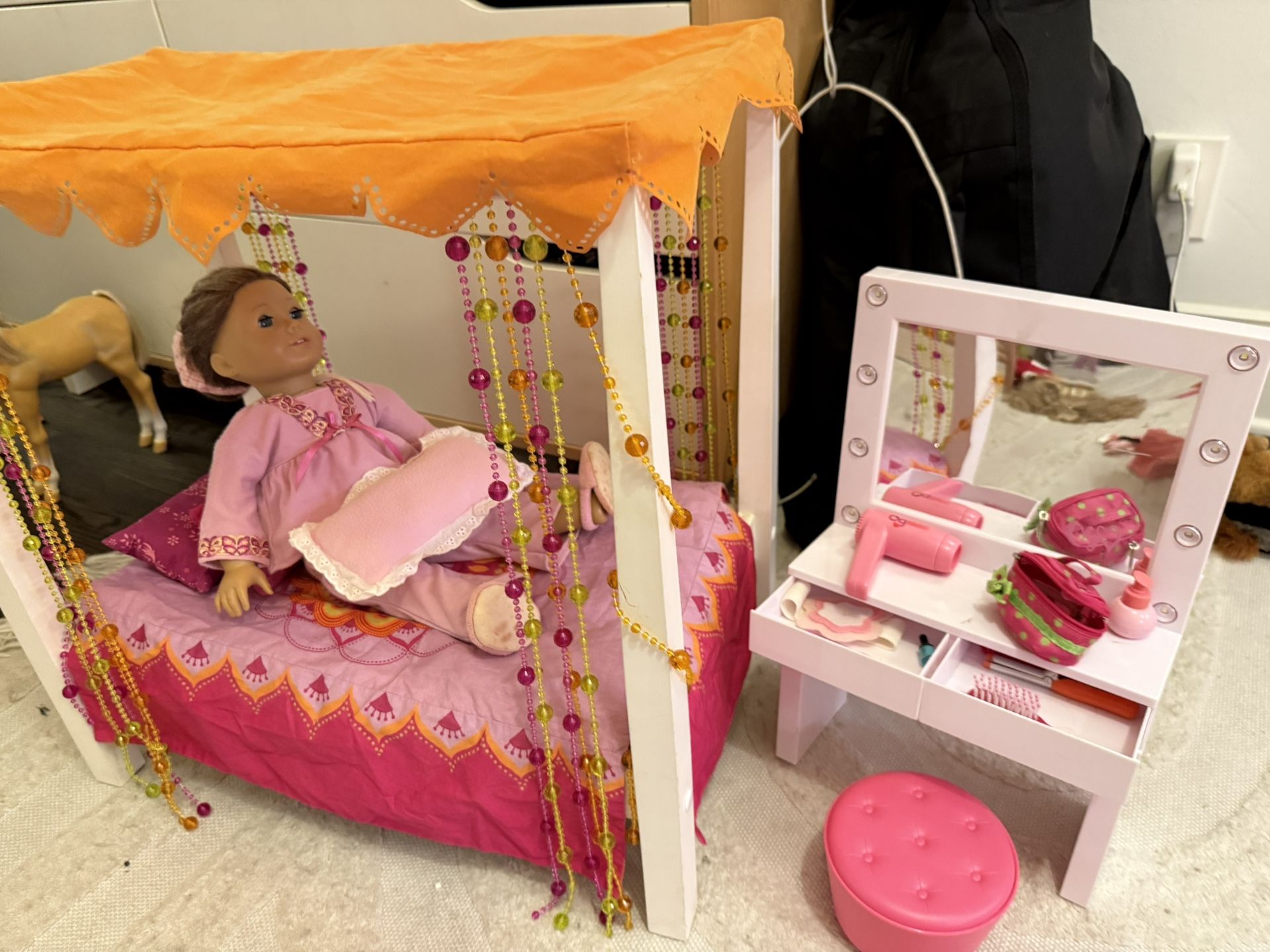 American Girl Doll, Bed, Vanity Set And Doll
