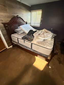 Queen wooden bed frame with box spring and mattress!