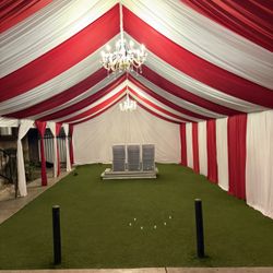 20x40 Tent, Drapes & 2 Chandeliers
