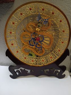 Chinese gold tone filigree enamel dragon plate with stand