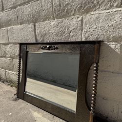 Antique Arts & Crafts Hammered Metal Spool-Turned Mirror (c. 1900)