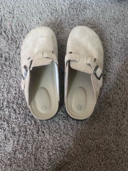 Tan Suede Clogs with Buckle Strap