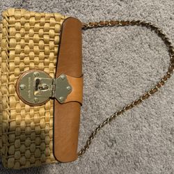 Michael Kors Tan and Brown Woven straw Bag with leather and gold chain