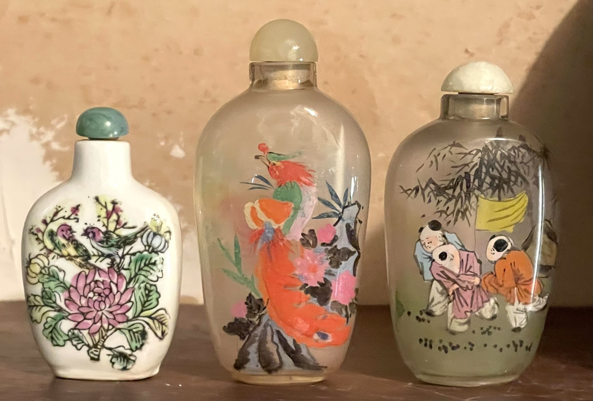 3 Chinese Snuff Painted Inside The Bottles With One Design Out Side 