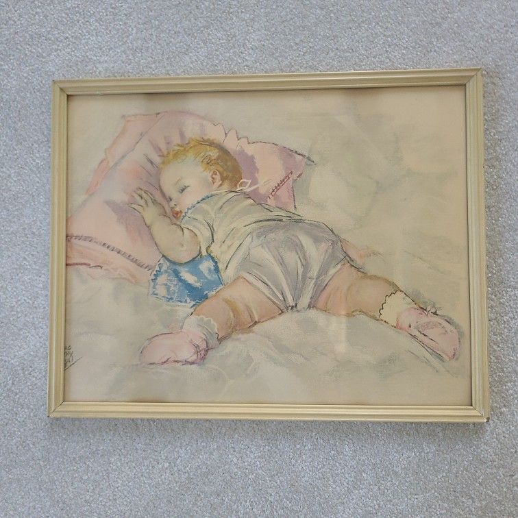 Vintage Watercolor Maud Tousey Fangel Framed Art Baby Girl infant Sleeping Nursery Dreams 1940s
