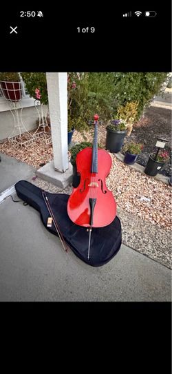 Red Cello with Bow and  Bag. Wooden. 3/4