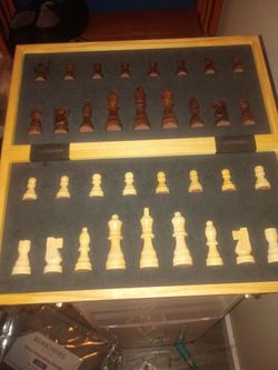 Hand carved Wooden Chess Set with Storage Case