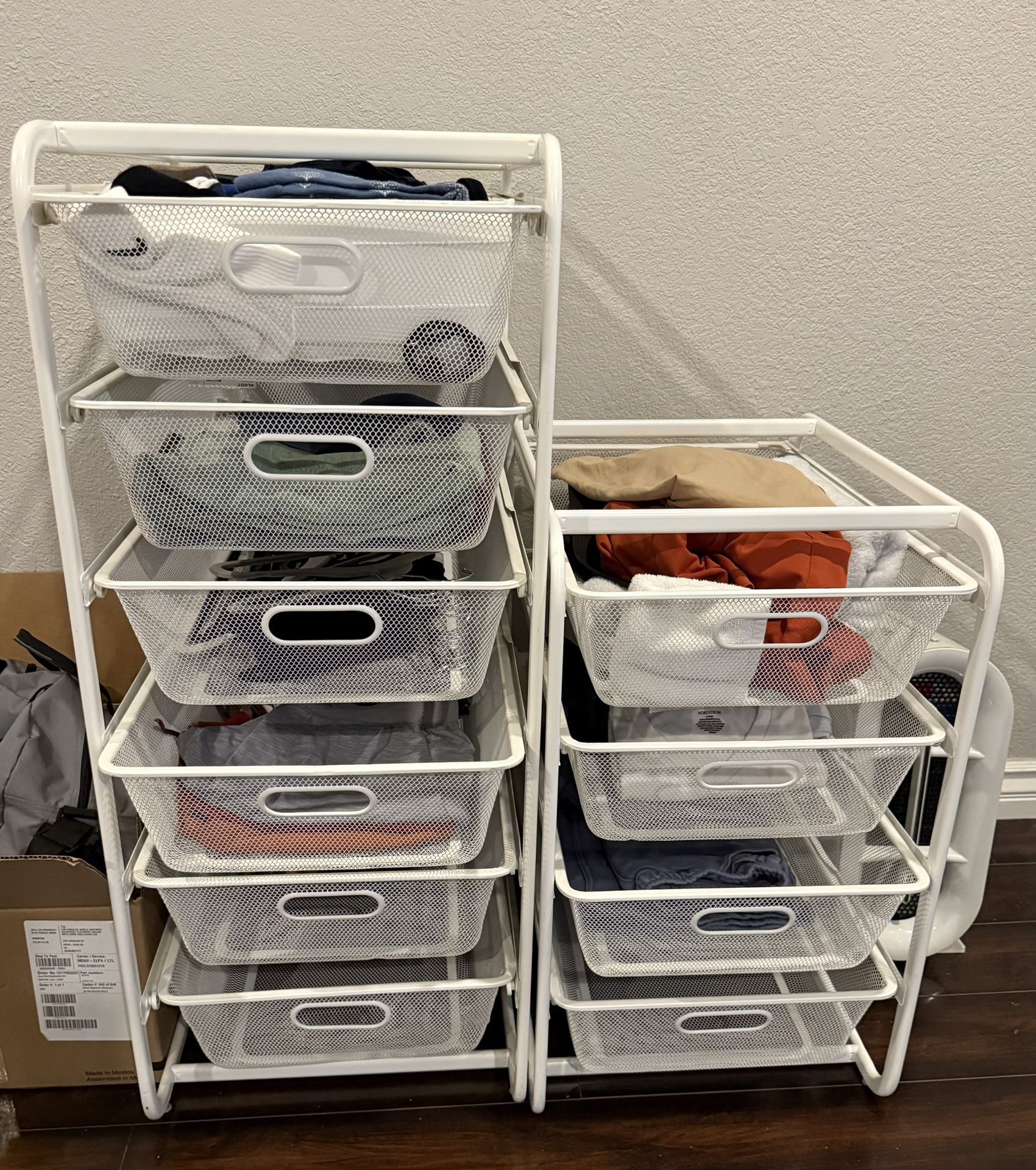 6 drawer and a 4 drawer wire storage unit metal frame in white
