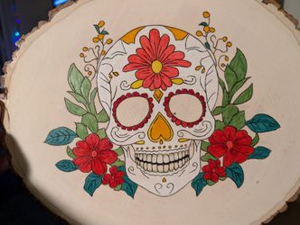 Skull And Flowers And Butterfly Wood Art.
