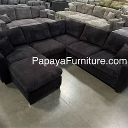 New Corduroy Black Sectional And Ottoman, Sectional Sofa, Black Couch, Black Sofa, Sectional And Ottoman, Plush Sectional Couch, L-Shaped Sofa Couch