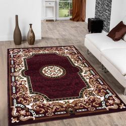 Burgundy and Mocha Classic French Country Machine Carved Effect Rectangular Accent Rug with Ivory and Espresso Bordered Medallion Design