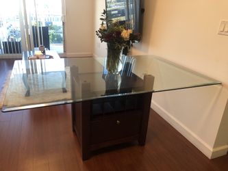 Dark Wood Glass Dinning Table with Wine Rack