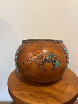 Hand-Carved Decorative Gourd with Turquoise Accents
