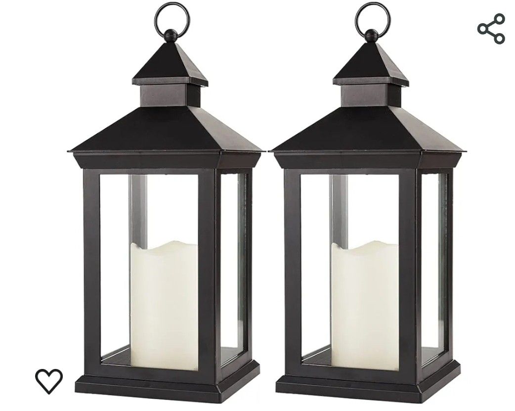 Bright Zeal 2-Pack 14" Decorative Candle Lantern Black Outdoor Lanterns with Timer Candles - IP44 Waterproof Vintage Lanterns Battery Powered LED Deco