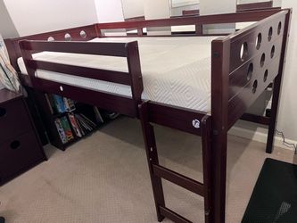 Twin toddler loft bed with dressers and bookshelf